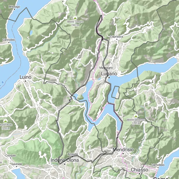 Map miniature of "Induno Olona - Monte Monarco - Lugano - Induno Olona" cycling inspiration in Lombardia, Italy. Generated by Tarmacs.app cycling route planner