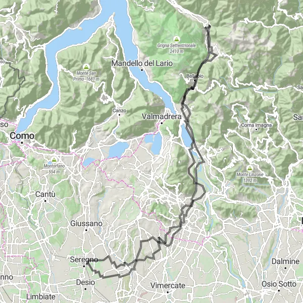 Miniatua del mapa de inspiración ciclista "Ruta de las cascadas de Lombardia" en Lombardia, Italy. Generado por Tarmacs.app planificador de rutas ciclistas