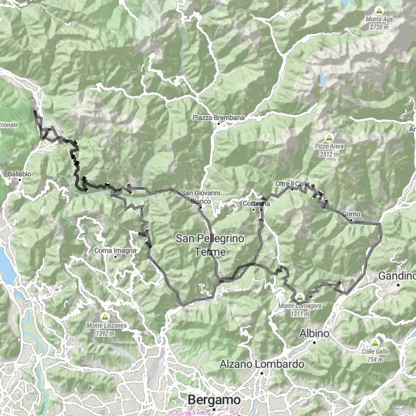 Miniatua del mapa de inspiración ciclista "Ruta de ciclismo de carretera a Monte Cornagera" en Lombardia, Italy. Generado por Tarmacs.app planificador de rutas ciclistas