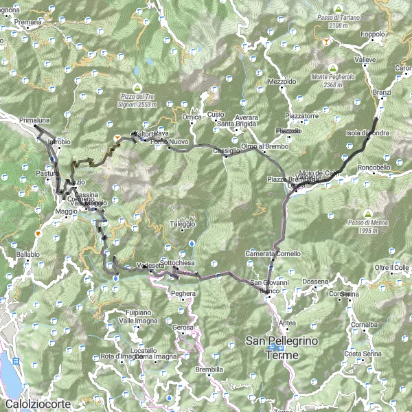 Miniatua del mapa de inspiración ciclista "Ruta de ciclismo en carretera desde Introbio" en Lombardia, Italy. Generado por Tarmacs.app planificador de rutas ciclistas