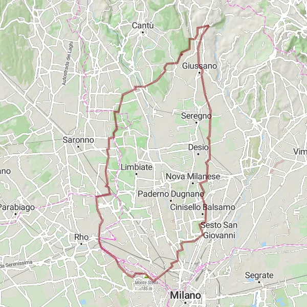 Map miniature of "Inverigo - Giussano - Muggiò - Monte Stella - Quartiere Gallaratese - Mariano Comense - Inverigo" cycling inspiration in Lombardia, Italy. Generated by Tarmacs.app cycling route planner
