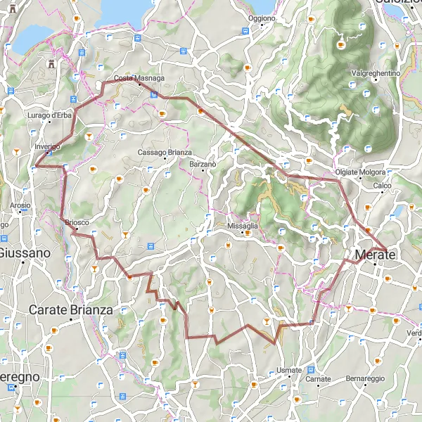 Map miniature of "Inverigo - Bulciago - Collina dei Cipressi - Cernusco Lombardone - Villa Raverio" cycling inspiration in Lombardia, Italy. Generated by Tarmacs.app cycling route planner
