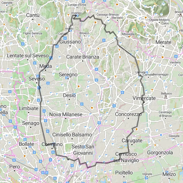 Kartminiatyr av "Casatenovo- Cernusco sul Naviglio- Cesano Maderno- Mariano Comense- Inverigo" cykelinspiration i Lombardia, Italy. Genererad av Tarmacs.app cykelruttplanerare