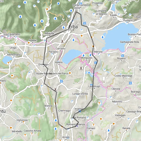 Miniatura della mappa di ispirazione al ciclismo "Giro in bici tra Albavilla, Merone e Inverigo" nella regione di Lombardia, Italy. Generata da Tarmacs.app, pianificatore di rotte ciclistiche