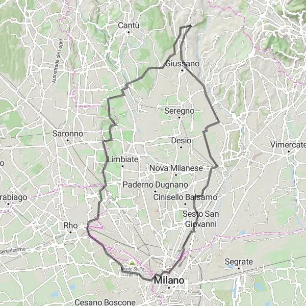 Map miniature of "Inverigo Loop via Giussano" cycling inspiration in Lombardia, Italy. Generated by Tarmacs.app cycling route planner