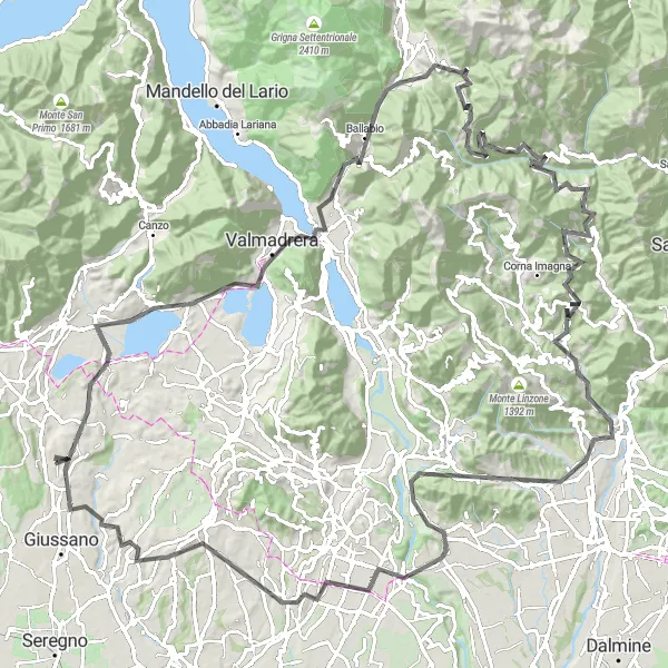 Miniatuurkaart van de fietsinspiratie "Uitdagende tocht naar Monte Canto en Besana in Brianza" in Lombardia, Italy. Gemaakt door de Tarmacs.app fietsrouteplanner