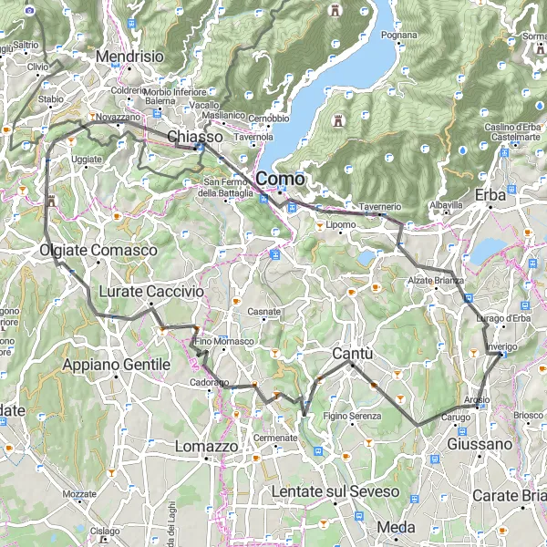 Map miniature of "Arosio to Inverigo Road Cycling Loop" cycling inspiration in Lombardia, Italy. Generated by Tarmacs.app cycling route planner