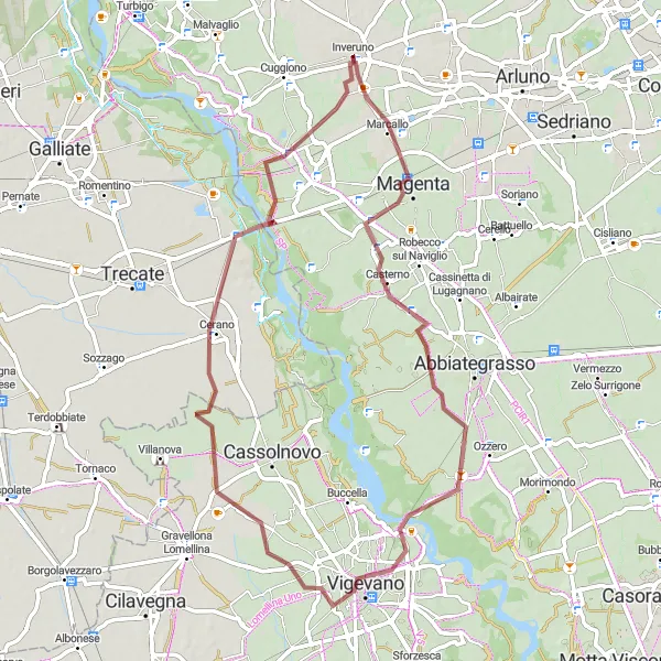 Miniatura della mappa di ispirazione al ciclismo "Giro in mountain bike da Inveruno a Vigevano e ritorno" nella regione di Lombardia, Italy. Generata da Tarmacs.app, pianificatore di rotte ciclistiche