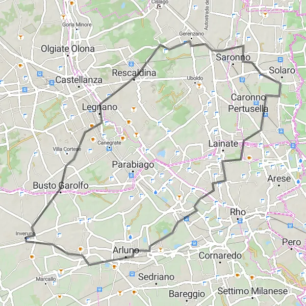 Miniatua del mapa de inspiración ciclista "Vuelta a Inveruno por Legnano, Gerenzano y Vanzago" en Lombardia, Italy. Generado por Tarmacs.app planificador de rutas ciclistas
