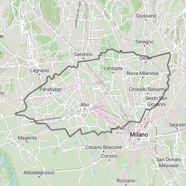 Kartminiatyr av "Vägar till Monza och Inveruno" cykelinspiration i Lombardia, Italy. Genererad av Tarmacs.app cykelruttplanerare