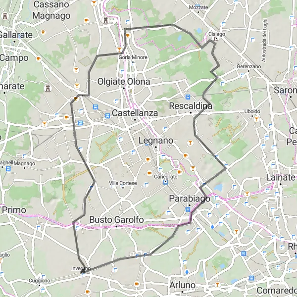 Miniatua del mapa de inspiración ciclista "Ruta de carretera Inveruno - Arconate - Busto Arsizio - Cislago - Nerviano - Casorezzo" en Lombardia, Italy. Generado por Tarmacs.app planificador de rutas ciclistas