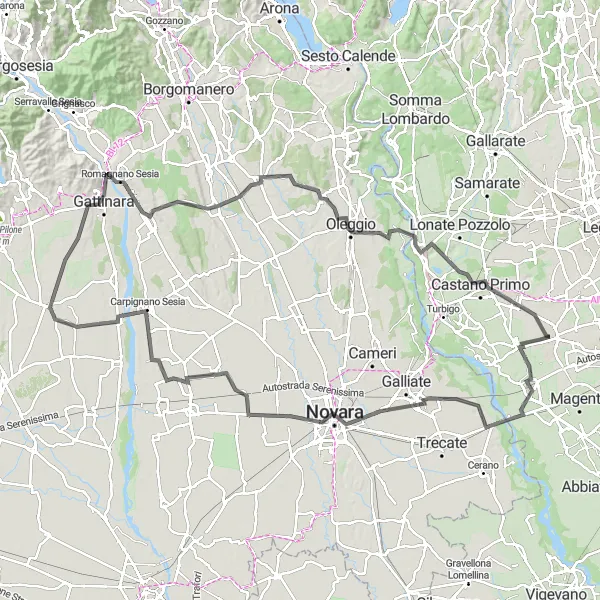 Map miniature of "Exploring Novara" cycling inspiration in Lombardia, Italy. Generated by Tarmacs.app cycling route planner