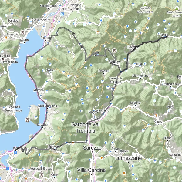 Miniaturní mapa "Cyklistická trasa kolem jezera Iseo" inspirace pro cyklisty v oblasti Lombardia, Italy. Vytvořeno pomocí plánovače tras Tarmacs.app