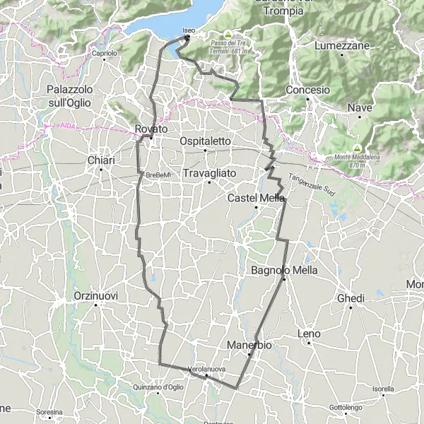 Miniaturní mapa "Cyklotrasa kolem Isea" inspirace pro cyklisty v oblasti Lombardia, Italy. Vytvořeno pomocí plánovače tras Tarmacs.app