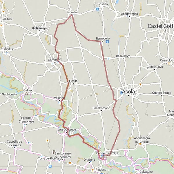 Miniatua del mapa de inspiración ciclista "Ruta de ciclismo de grava alrededor de Isorella" en Lombardia, Italy. Generado por Tarmacs.app planificador de rutas ciclistas
