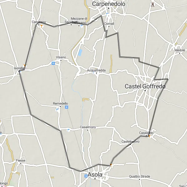 Mapa miniatúra "Cyklotrasa cez Calvisano a Asola" cyklistická inšpirácia v Lombardia, Italy. Vygenerované cyklistickým plánovačom trás Tarmacs.app