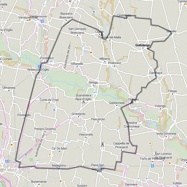 Miniatura della mappa di ispirazione al ciclismo "Avventura in Road Cycling nei Dintorni di Isorella" nella regione di Lombardia, Italy. Generata da Tarmacs.app, pianificatore di rotte ciclistiche