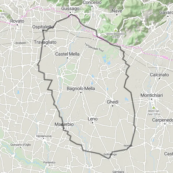 Miniaturní mapa "Náročný okruh kolem Isorelly přes Gottolengo, Cigole, Quinzanello, Ospitaletto, Tempio Capitolino, Monte Rotondo a Isorellu" inspirace pro cyklisty v oblasti Lombardia, Italy. Vytvořeno pomocí plánovače tras Tarmacs.app