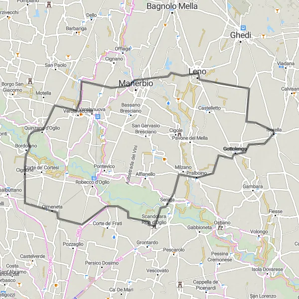 Miniaturní mapa "Okruh kolem Isorelly přes Pralboino, Scandolara Ripa d'Oglio, Olmeneta a Verolavecchia" inspirace pro cyklisty v oblasti Lombardia, Italy. Vytvořeno pomocí plánovače tras Tarmacs.app