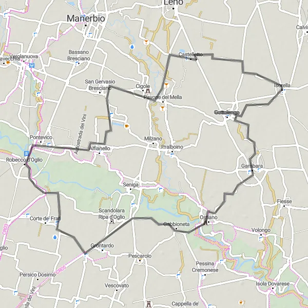 Miniatua del mapa de inspiración ciclista "Ruta de ciclismo de 68 km para disfrutar cerca de Isorella" en Lombardia, Italy. Generado por Tarmacs.app planificador de rutas ciclistas