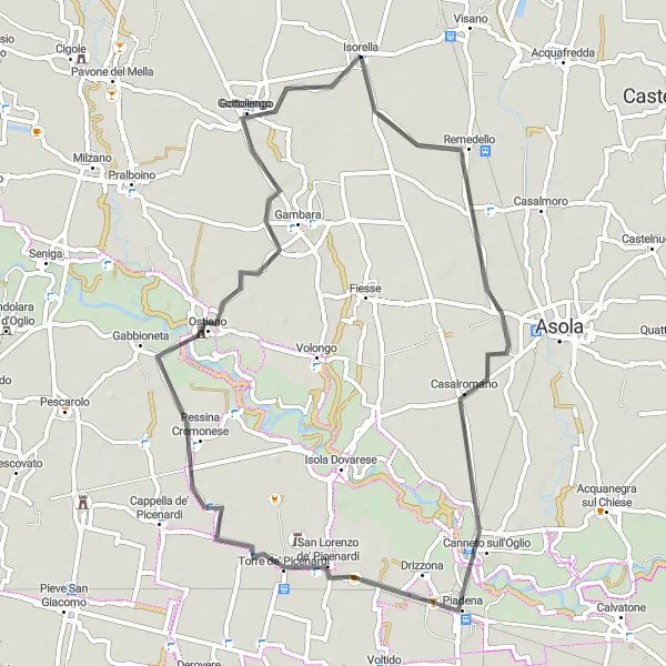 Miniatua del mapa de inspiración ciclista "Ruta panorámica de ciclismo de carretera desde Isorella" en Lombardia, Italy. Generado por Tarmacs.app planificador de rutas ciclistas