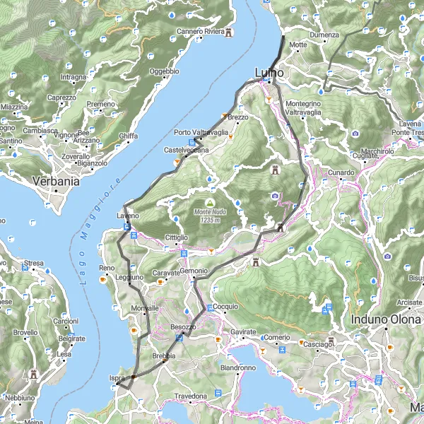 Miniatura della mappa di ispirazione al ciclismo "Giro in bicicletta attraverso Leggiuno e Germignaga" nella regione di Lombardia, Italy. Generata da Tarmacs.app, pianificatore di rotte ciclistiche