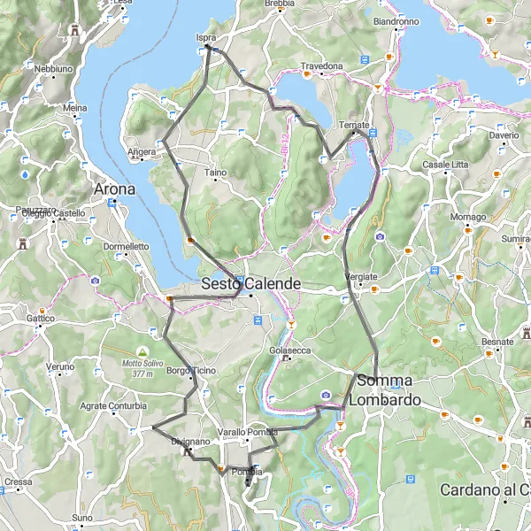 Kartminiatyr av "Rundtur til Comabbio-sjøen og Monte Belvedere" sykkelinspirasjon i Lombardia, Italy. Generert av Tarmacs.app sykkelrutoplanlegger