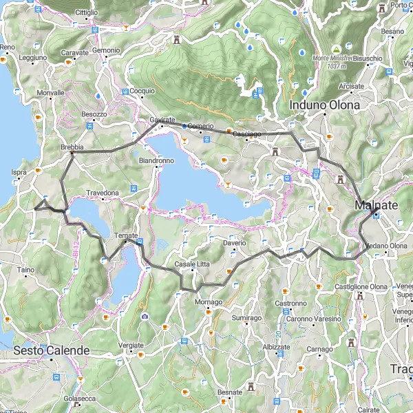 Miniatua del mapa de inspiración ciclista "Reto ciclista de 60 km cerca de Ispra" en Lombardia, Italy. Generado por Tarmacs.app planificador de rutas ciclistas