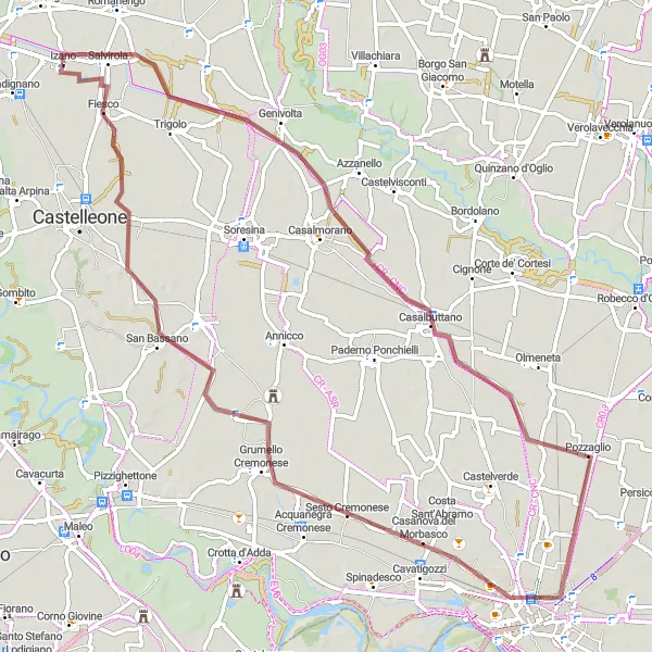 Miniatura della mappa di ispirazione al ciclismo "Avventura Gravel tra Izano e Cremona" nella regione di Lombardia, Italy. Generata da Tarmacs.app, pianificatore di rotte ciclistiche