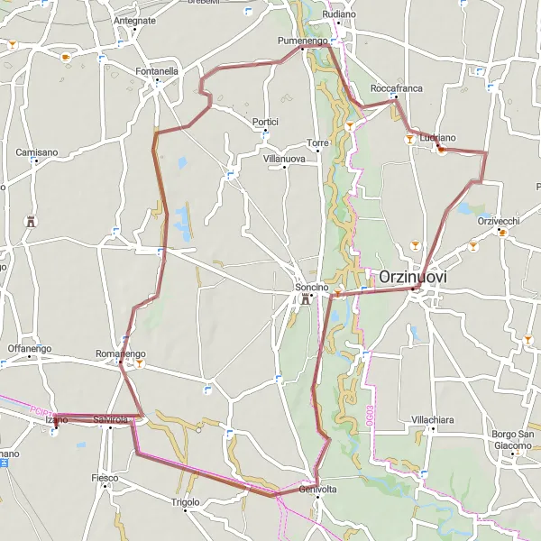 Miniatura della mappa di ispirazione al ciclismo "Esplorazione in Gravel di Izano e dintorni" nella regione di Lombardia, Italy. Generata da Tarmacs.app, pianificatore di rotte ciclistiche