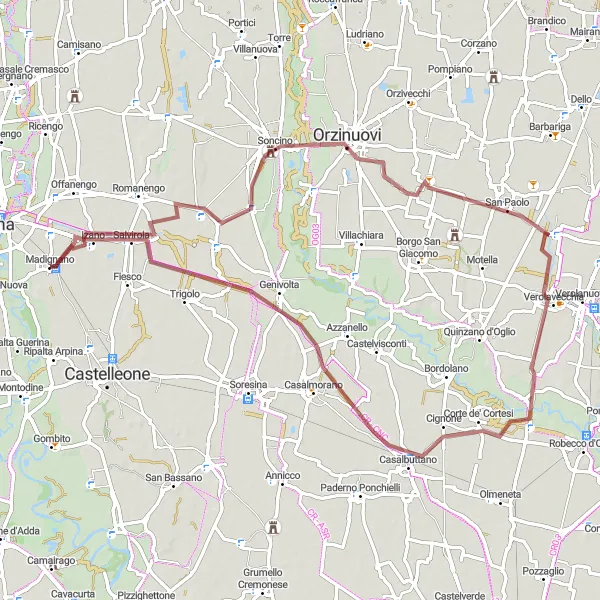 Map miniature of "Gravel Adventure around Izano" cycling inspiration in Lombardia, Italy. Generated by Tarmacs.app cycling route planner