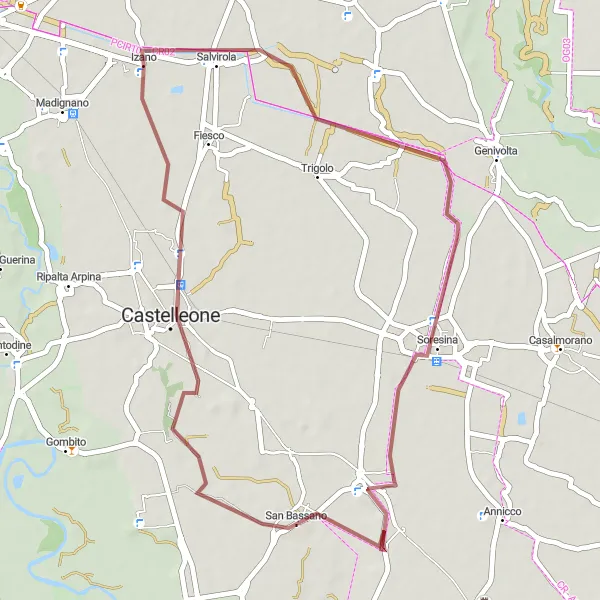 Miniatura della mappa di ispirazione al ciclismo "Giro in Gravel tra Izano e Cappella Cantone" nella regione di Lombardia, Italy. Generata da Tarmacs.app, pianificatore di rotte ciclistiche