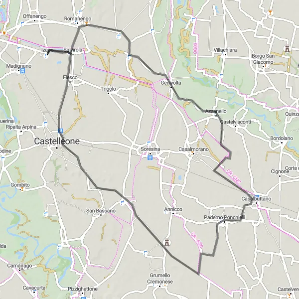 Karttaminiaatyyri "62 km maantiepyöräilyreitti Izanosta" pyöräilyinspiraatiosta alueella Lombardia, Italy. Luotu Tarmacs.app pyöräilyreittisuunnittelijalla