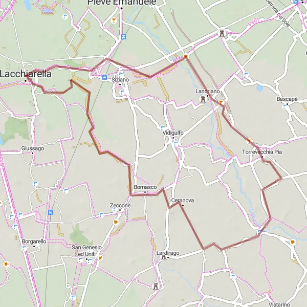 Map miniature of "Lacchiarella to Bornasco Gravel Route" cycling inspiration in Lombardia, Italy. Generated by Tarmacs.app cycling route planner