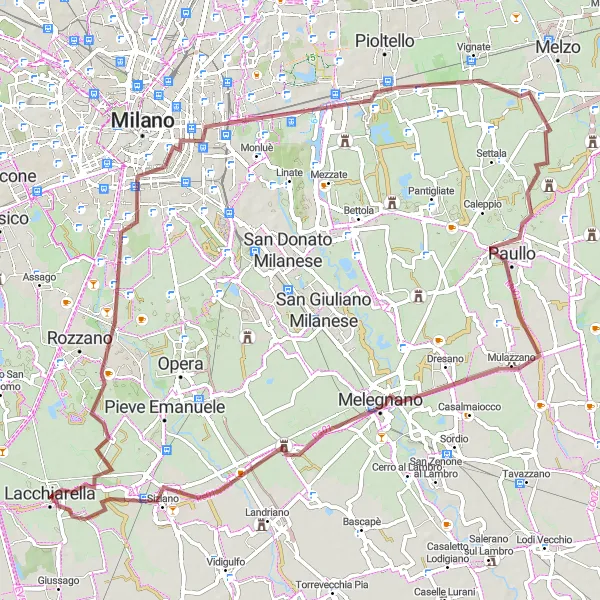 Zemljevid v pomanjšavi "Gravel Tour around Lacchiarella" kolesarske inspiracije v Lombardia, Italy. Generirano z načrtovalcem kolesarskih poti Tarmacs.app