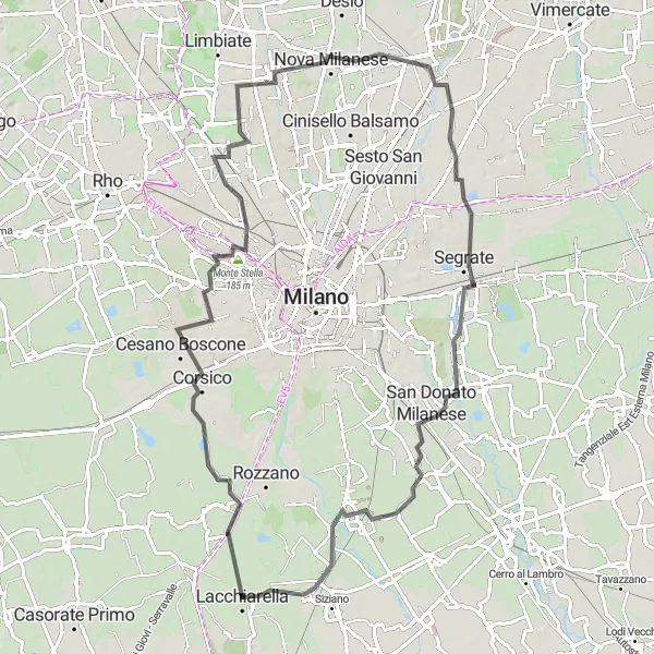 Miniature de la carte de l'inspiration cycliste "La Route de Monza et de San Donato Milanese" dans la Lombardia, Italy. Générée par le planificateur d'itinéraire cycliste Tarmacs.app