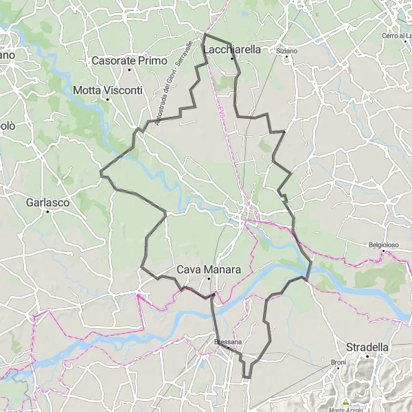Miniatua del mapa de inspiración ciclista "Viaje en carretera de Verrua Po a Binasco" en Lombardia, Italy. Generado por Tarmacs.app planificador de rutas ciclistas