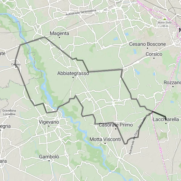 Mapa miniatúra "Okruh okolo Lacchiarella" cyklistická inšpirácia v Lombardia, Italy. Vygenerované cyklistickým plánovačom trás Tarmacs.app