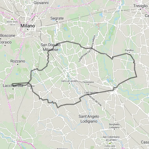 Map miniature of "Lacchiarella - Lodi Vecchio Loop" cycling inspiration in Lombardia, Italy. Generated by Tarmacs.app cycling route planner