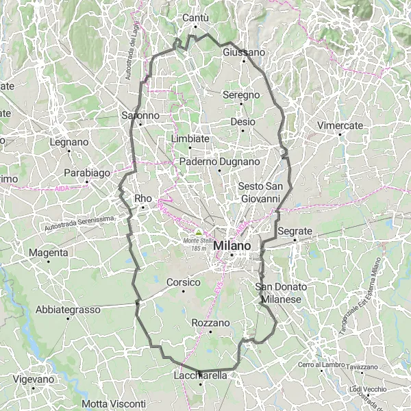Miniatura della mappa di ispirazione al ciclismo "Ciclostrada attraverso le colline di Giussano" nella regione di Lombardia, Italy. Generata da Tarmacs.app, pianificatore di rotte ciclistiche