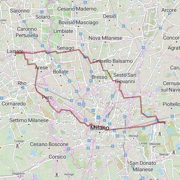 Kartminiatyr av "Historisk grusvägscykelrutt till Arese" cykelinspiration i Lombardia, Italy. Genererad av Tarmacs.app cykelruttplanerare