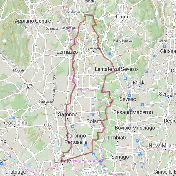 Miniatuurkaart van de fietsinspiratie "Gravelavontuur naar Rovellasca en Lentate sul Seveso" in Lombardia, Italy. Gemaakt door de Tarmacs.app fietsrouteplanner