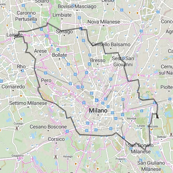 Miniatua del mapa de inspiración ciclista "Ruta de 80 km en carretera desde Lainate" en Lombardia, Italy. Generado por Tarmacs.app planificador de rutas ciclistas