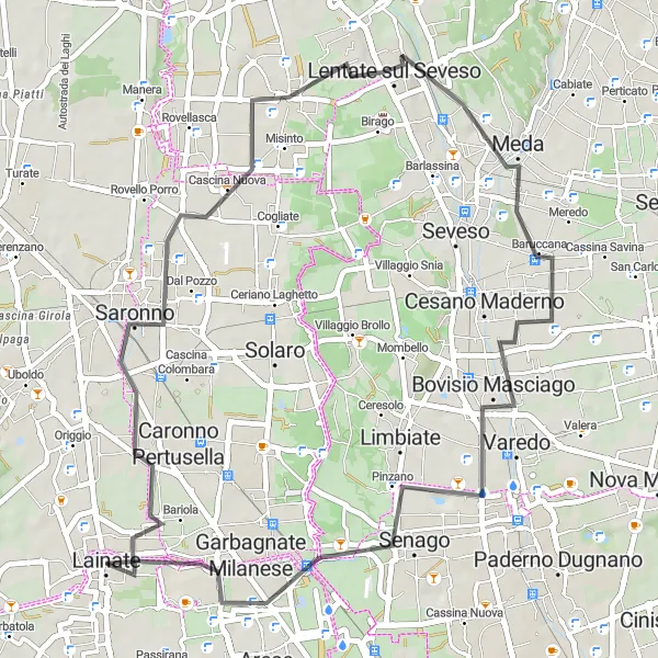 Zemljevid v pomanjšavi "Krožna kolesarska pot od Lainate (Italija)" kolesarske inspiracije v Lombardia, Italy. Generirano z načrtovalcem kolesarskih poti Tarmacs.app