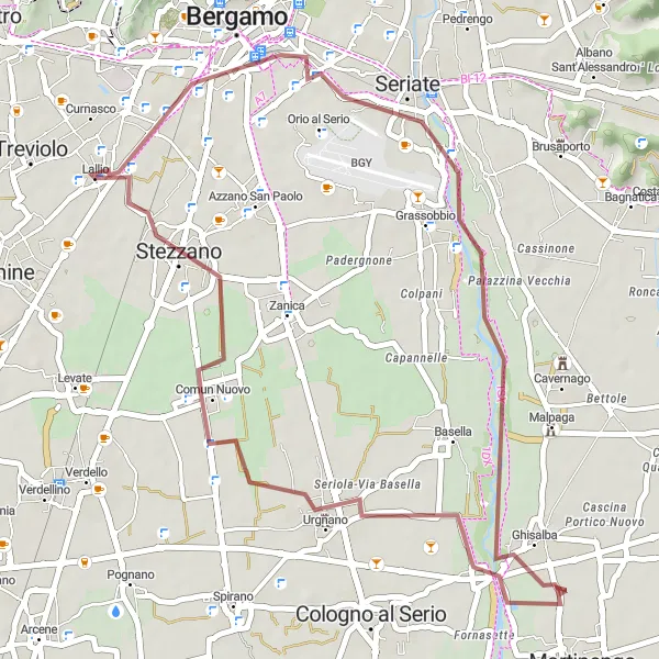 Miniatua del mapa de inspiración ciclista "Ruta en Grava por Bergamo y alrededores" en Lombardia, Italy. Generado por Tarmacs.app planificador de rutas ciclistas