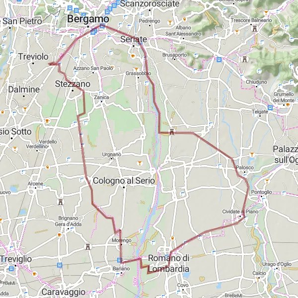 Miniatura della mappa di ispirazione al ciclismo "Giro in bicicletta da Lallio a Grumello del Piano" nella regione di Lombardia, Italy. Generata da Tarmacs.app, pianificatore di rotte ciclistiche