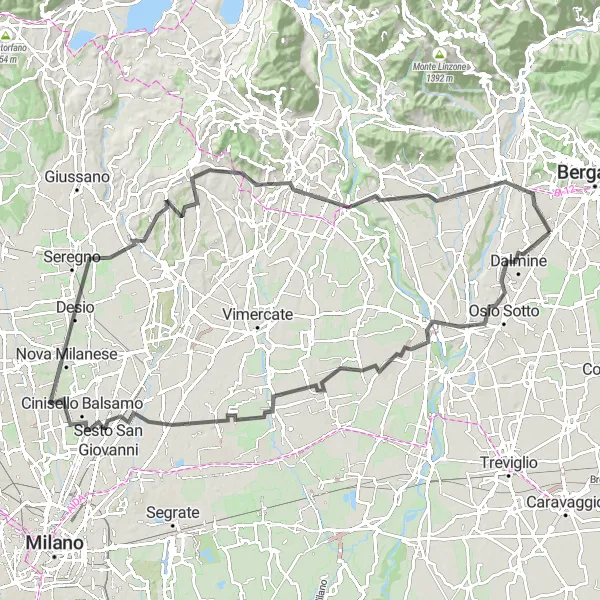 Map miniature of "Lombardia Challenge" cycling inspiration in Lombardia, Italy. Generated by Tarmacs.app cycling route planner