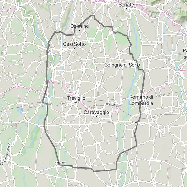 Miniatua del mapa de inspiración ciclista "Ruta de ciclismo de carretera cerca de Lallio" en Lombardia, Italy. Generado por Tarmacs.app planificador de rutas ciclistas