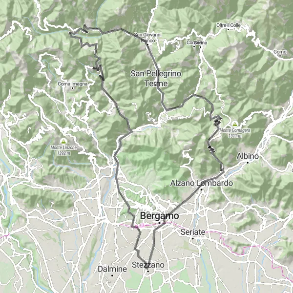 Miniatura della mappa di ispirazione al ciclismo "Giro delle Prealpi Bergamasche" nella regione di Lombardia, Italy. Generata da Tarmacs.app, pianificatore di rotte ciclistiche