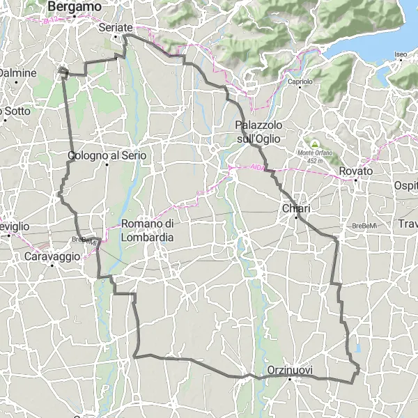 Miniatuurkaart van de fietsinspiratie "Wegroute vanuit Lallio langs Bagnatica en Chiari" in Lombardia, Italy. Gemaakt door de Tarmacs.app fietsrouteplanner